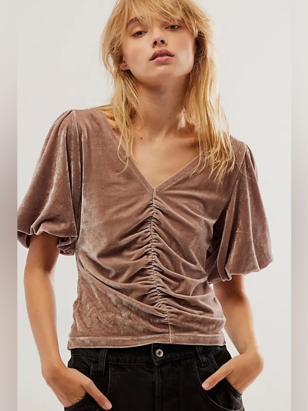 NWT Free People Cupcake Velvet Top Ruched Puff Sleeve Blouse Cashmere Tan Small